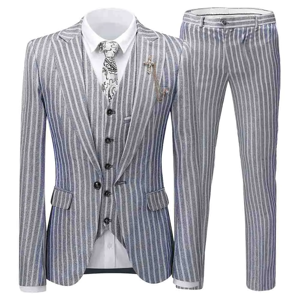 Grey 3 piece set Повседневная мужская куртка, приталенный смокинг для выпускного вечера, серый деловой шерстяной Блейзер, полосатые костюмы с лацканами, свадебные, для жениха - Цвет: Grey 3 piece set