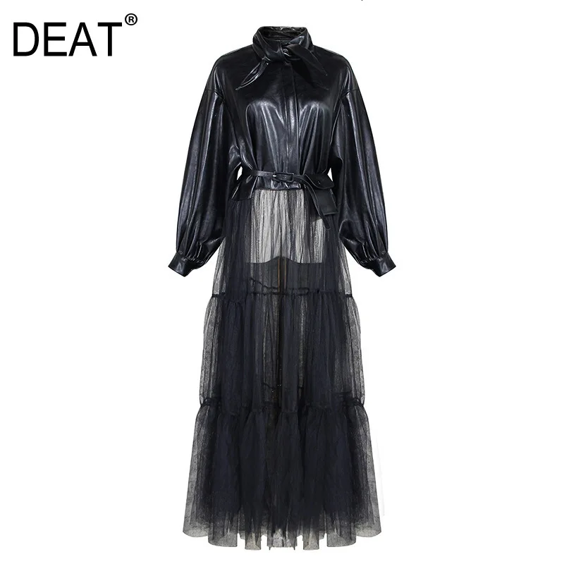 

DEAT 2020 turn-down collar lantern sleeves bow collar single breasted PU patchwork mesh high quality leather jacket WJ94001L