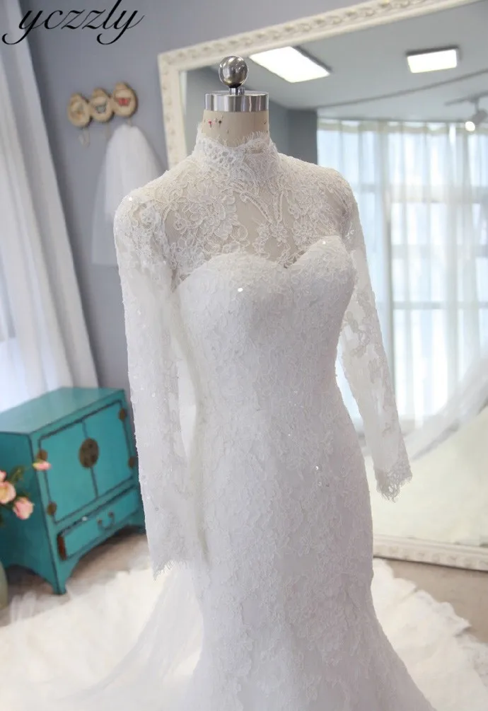 

Lace Mermaid Wedding Dresses Plus Size 2019 Vintage High Neck Long Sleeves Muslim Wedding Dresses Robe De Mariee RW306