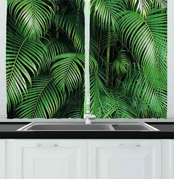 

Green Kitchen Curtains Tropical Exotic Palm Tree Leaves Branches Botanical Photo Jungle Garden Nature Eco Theme Window Curtain