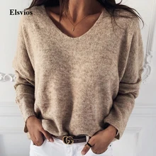 Elsvios, женские сексуальные вязаные свитера с v-образным вырезом, элегантный пуловер с длинным рукавом, топ, джемпер, Осень-зима, повседневный Однотонный свитер, Pull Femme
