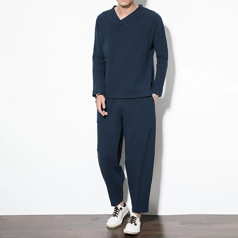 Однотонные мужские комплекты s, футболки, штаны, плюс размер 5XL 4XL, льняной топ с длинными рукавами+ штаны, Мужская одежда, комплект, винтажная мужская одежда - Цвет: Navy Tracksuit Set