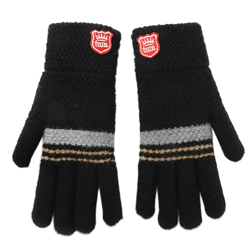 Children Boys Girls Winter Thick Knitted Full Finger Gloves Stripes Badge Applique Elastic Cuff Kids Student Plain Mittens 6-12T