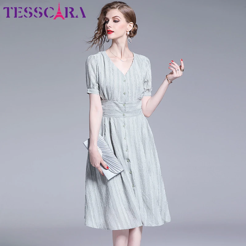 

TESSCARA Women Summer Jacquard Dress Shirt Festa Female High Quality Office Lady Robe Femme V-Neck Designer Long Casual Vestidos