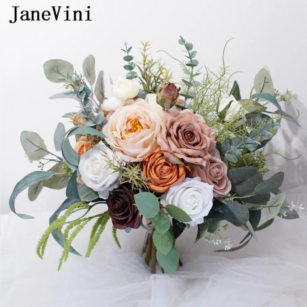 JaneVini 2021 European Style Bridal Bouquet Vintage Artificial Wedding Bouquet for Brides Silk Flowers Girl Bouquet Bruidsboeket
