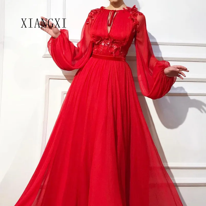 Vestidos De Festa красное вечернее платье для мусульманских женщин трапециевидной формы с круглым вырезом и длинными рукавами длинные вечерние платья для выпускного вечера Вечернее платье