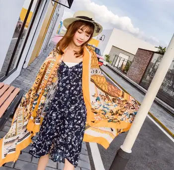 

2020 New Bohemian Floral Style Summer Travel Pictures Tassel Silk Scarf Travel Sunscreen Cotton Air Conditioners Variety Scarves