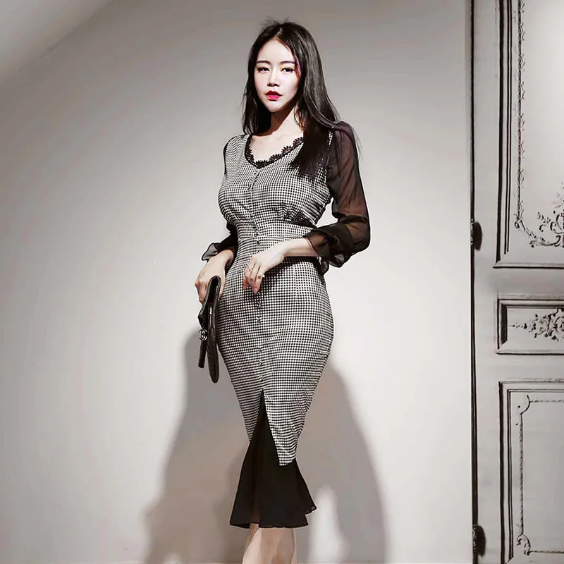 

Korean-style 2019 Autumn & Winter New Style Plaid Chiffon Joint-Slim Fit Fishtail Two-Piece Set Women's