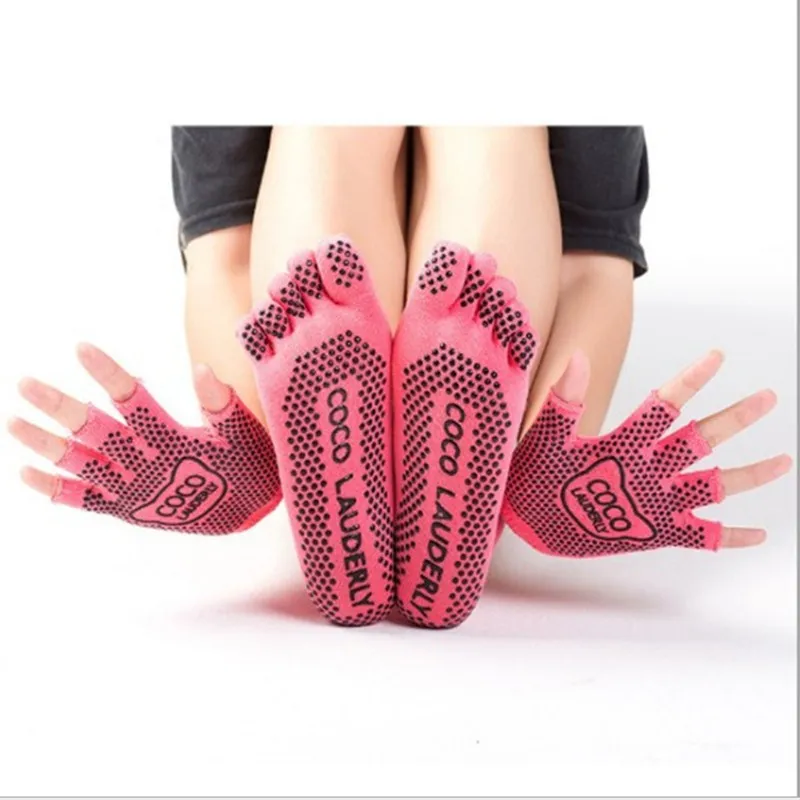 Спортивные носки и перчатки для занятий йогой, фитнесом, пятью носками, противоскользящие, дышащие, для скалолазания, походов, бега, велоспорта, йоги, женские носки - Цвет: Full finger rose red