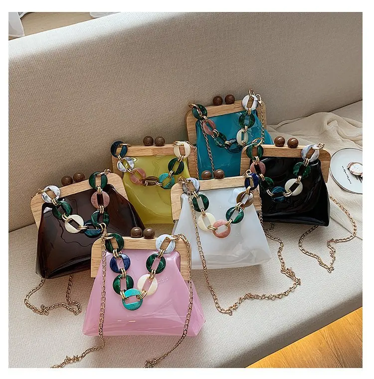 Transparent Small Bag Fashion Wooden Clip Shoulder Female Bag 2020 New Model Wild Chain Messenger Bag Net Red Shoulder Beach Bag