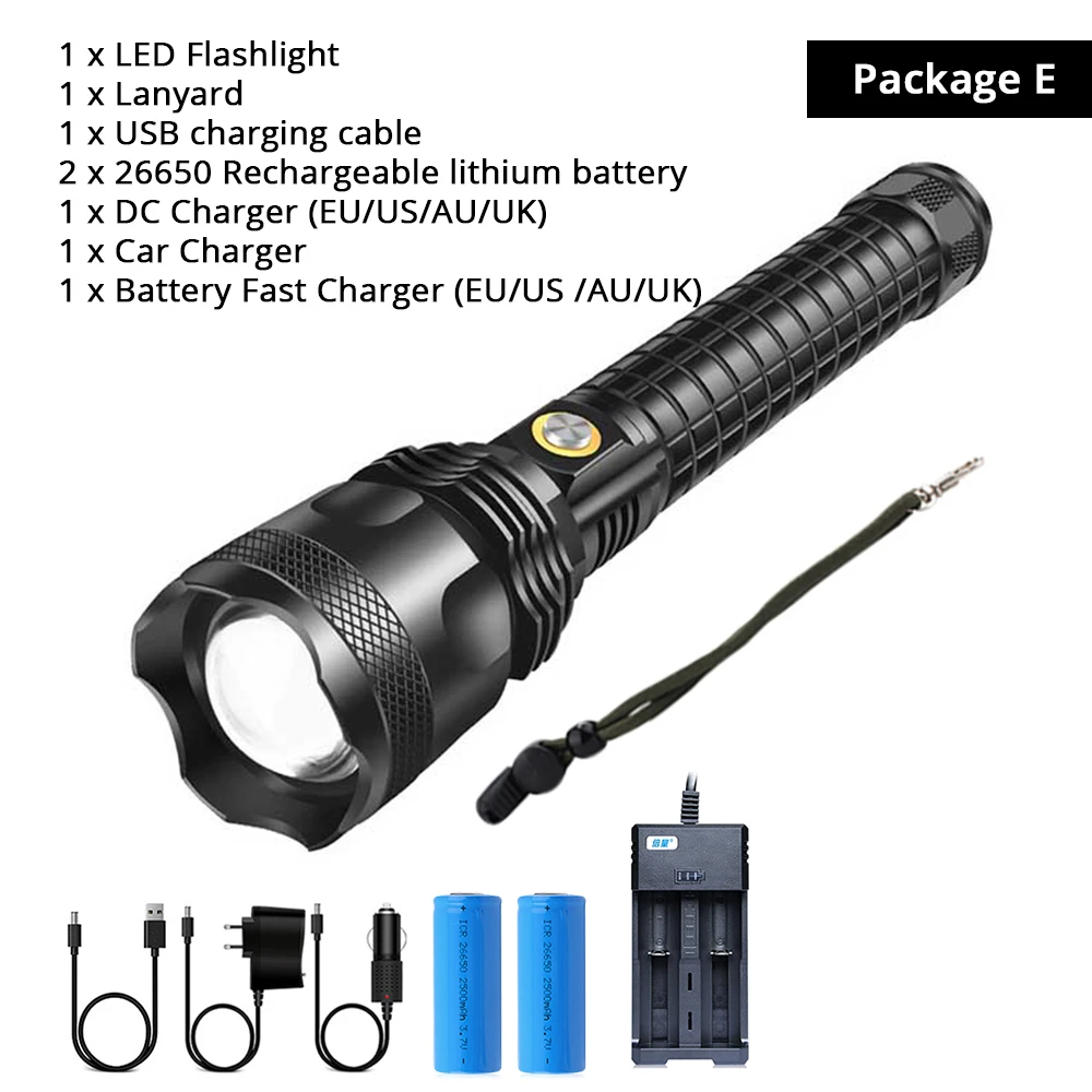 Package E XHP50/70,2 светодиодный тактический фонарь с 3 режимами света, супер яркий охотничий фонарь, постоянный ток, Прямая зарядка, Водонепроницаемый зум, 2 аккумулятора 26650 - Испускаемый цвет: Package E
