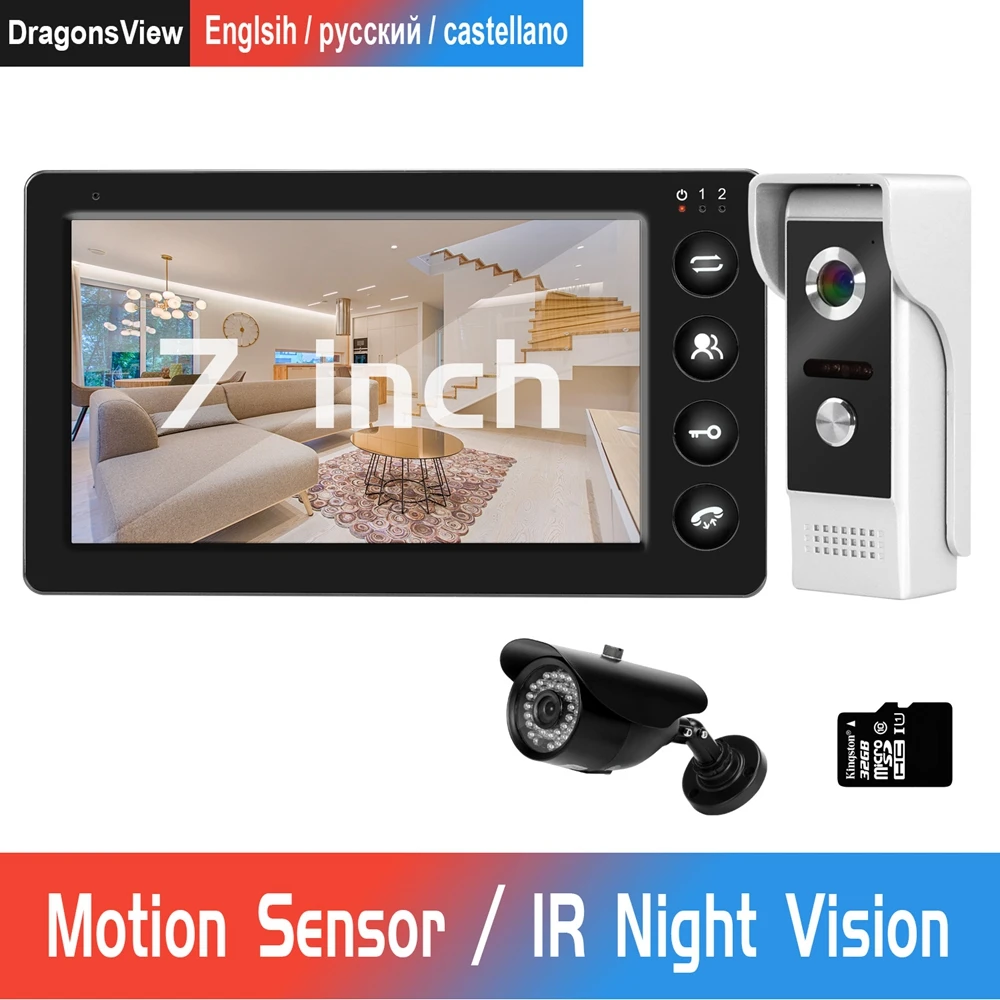 

Dragonsview 7 inch Wired Video Intercom with CCTV Camera Support Motion Detection Infrared Night Vision for Home Door Intercom