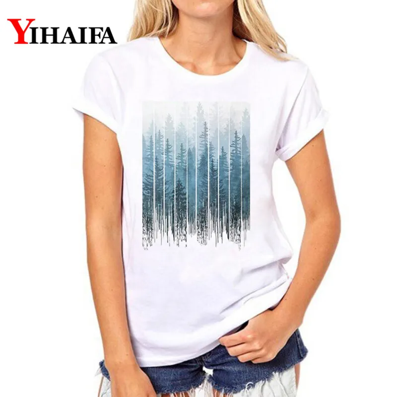 

YIHAIFA Newest T-shirt Mist Forest Print Graphics Tee Women Casual SummerLoose White T Shirts Pullover Tops