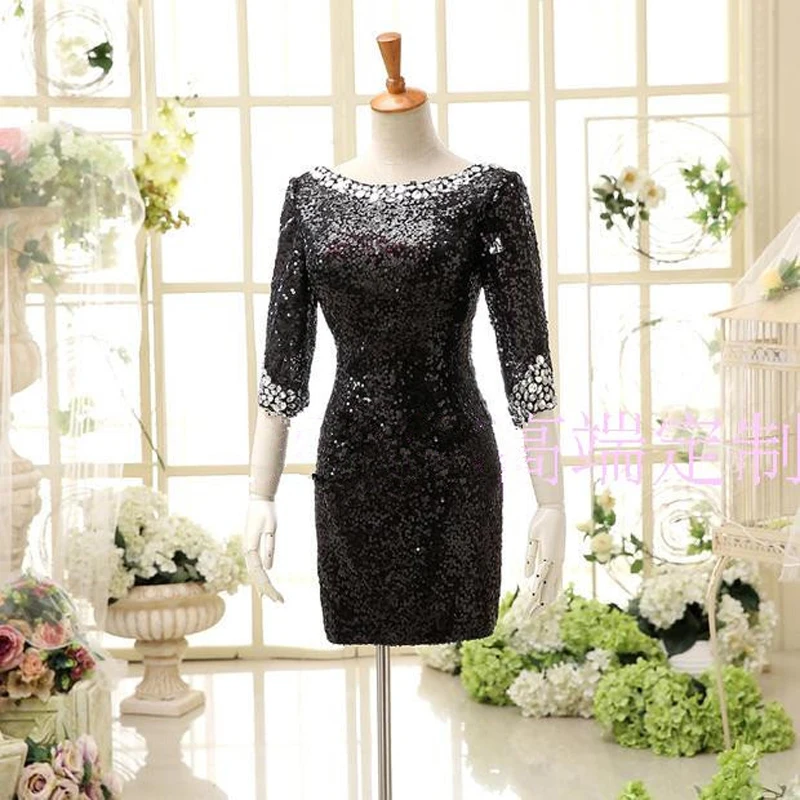 Короткое платье vestido de novia с рукавом три четверти, женское сексуальное черное платье с открытой спиной и блестками, Новое поступление, вечерние платья подружки невесты