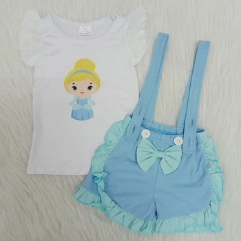 

cartoon print summer kid girl outfit clothing set girl summer flutter sleeve baby clothes 2 piece outfit with suspender shorts