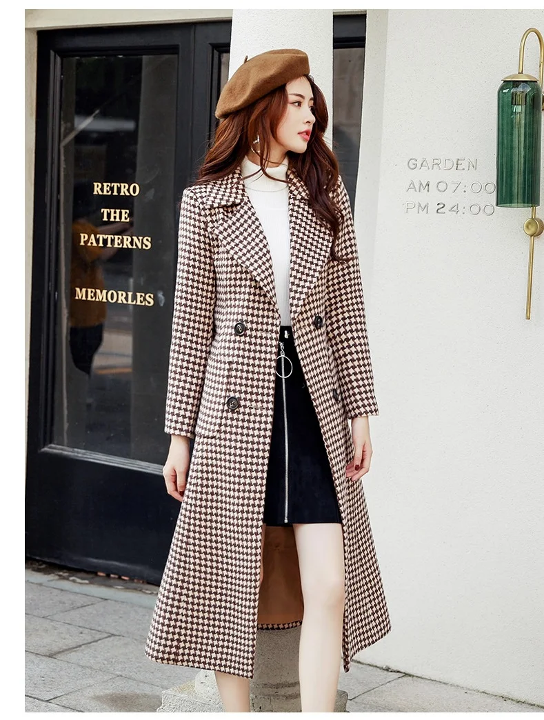 Houndstooth шерстяное пальто Женская средней длины Зима Новая мода утолщение шотландская шерстяная ветровка пальто женская одежда