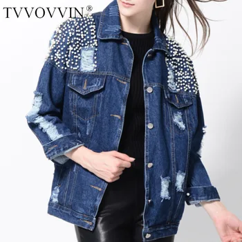

TVVOVVIN 2019 Autumn Heavy Pearl Hole Denim Hole Single-breasted Loose Coat Female Fashion Womens F412