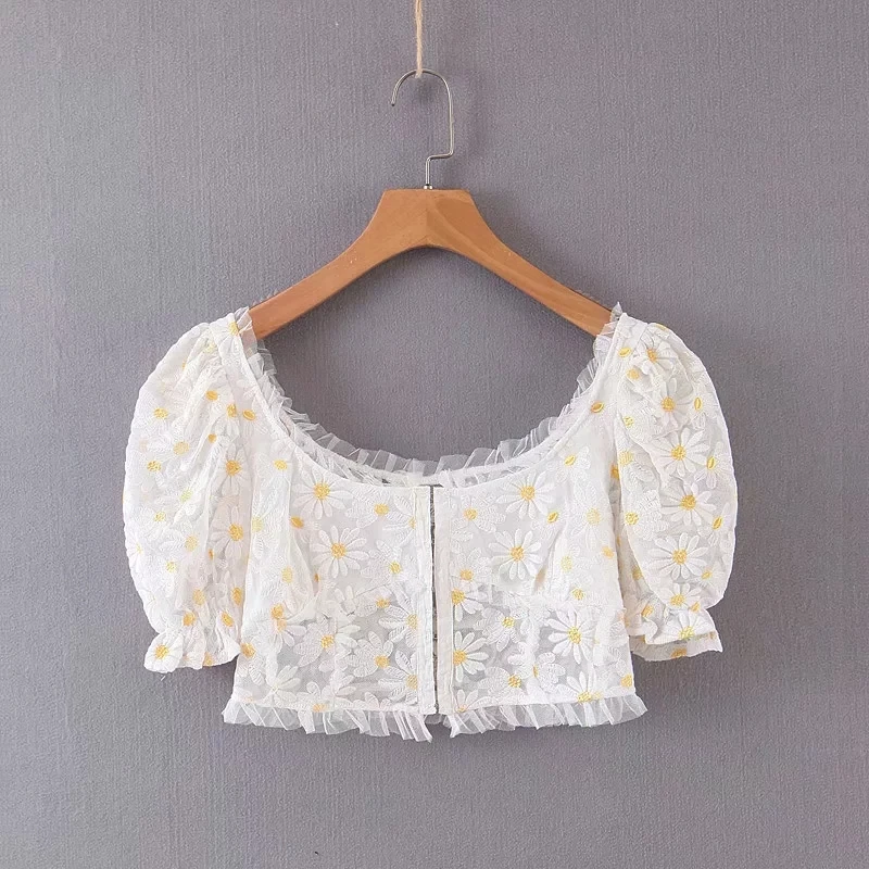 Винтажная Цветочная женская блузка с оборками, топы в Корейском стиле, Модный укороченный топ, уличная Летняя женская рубашка, boho ladies top - Цвет: WHITE