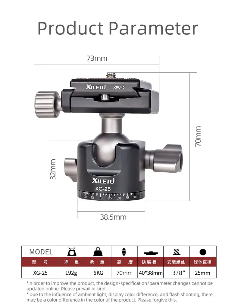 XILETU XG-25 Camera Panoramic Tripod Ball Head 360 Degree Quick Release Ballhead Mount Aluminum Alloy Ball Head With 1/4 Screw