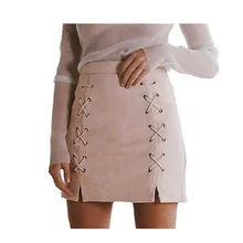 Женская кожаная замшевая мини-юбка-карандаш, Ретро стиль, перекрестная высокая талия, короткая облегающая юбка на молнии со шнуровкой, модные короткие сексуальные юбки