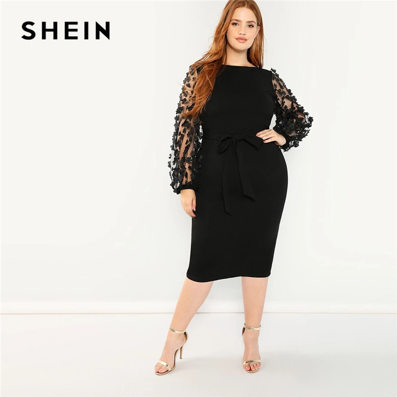 SHEIN Размера Плюс Платье Карандаш С Поясом Сетчатым Рукавом И 3D Вставкой 2019
