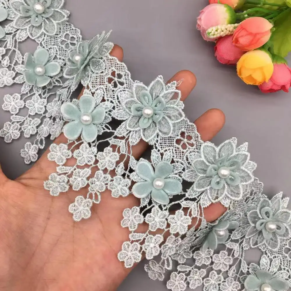 

1 yard Light Green 3D Flower Pearl Embroidered Net Lace Fabric Trim Ribbons DIY Sewing Wedding Dress Clothe Craft Materials
