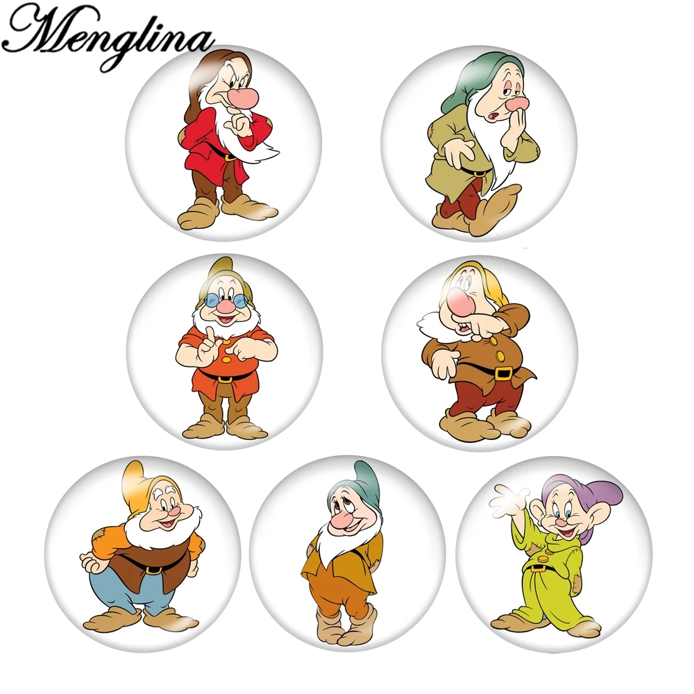 50pcs 7 Styles Mix Round Shape Cartoon Little Dwarfs Flat Back Glass Cabochon DIY Craft for Children Jewelry Findings Components