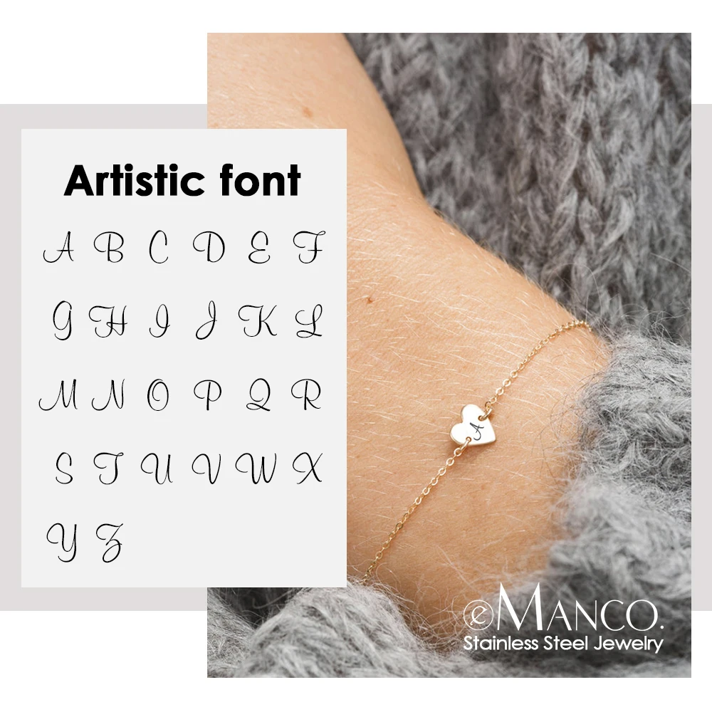 

eManco Engrave Artistic Font Alphabet Bracelet for women 316L Stainless Steel Charm Bracelets Trendy Minimalist Heart Bracelet