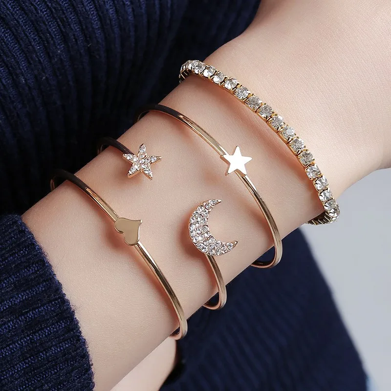 

4 PCS Women Bracelets Set Elegant Sweet Fashion Trendy Zircon Star Moon Bracelet Jewelry Gift for Girls