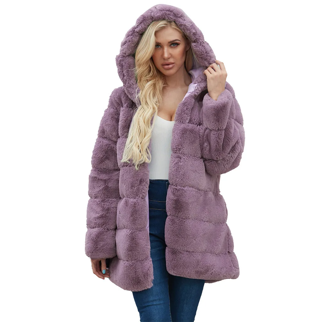 Высококачественное меховое пальто роскошное пальто из искусственного меха Женское зимнее теплое пальто куртка однотонная верхняя одежда с капюшоном Veste Femme#35 - Цвет: Фиолетовый