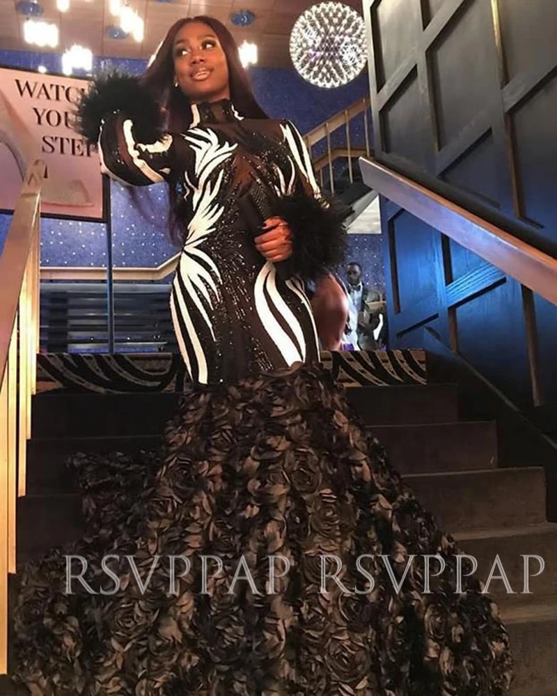 

African Girl Long Mermaid Prom Dresses 2020 New Arrlval Black And White Sequin Top 3D Flower Long Sleeve Backless Prom Dress