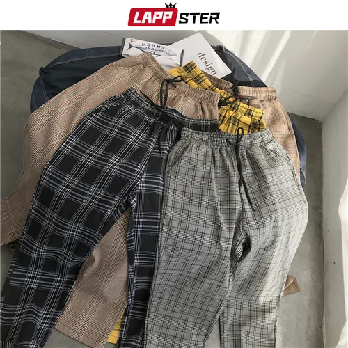 LAPPSTER 남성용 블랙 하라주쿠 격자 무늬 바지, 일본 스트리트웨어, 헐렁한 스웨트 팬츠, 남성 5 색 빈티지 캐주얼 바지, 2023 2