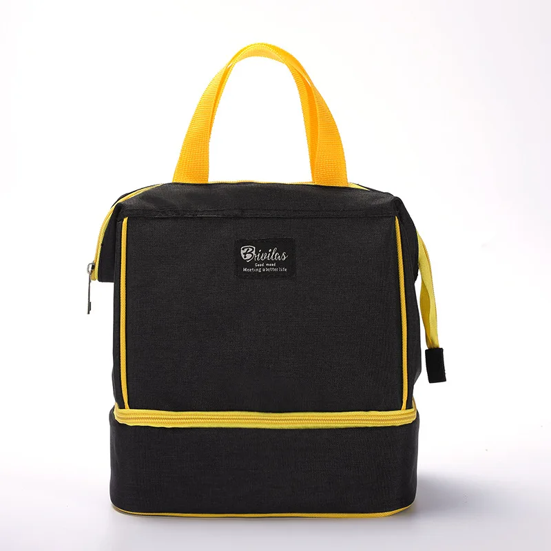 Black Large Double Deck Lunch Bags Totes for Women Men Waterproof Thermo Bag Office School Picnic Thermal Insulated Cooler Bento Bag - Цвет: Black