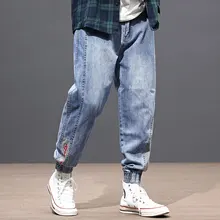 Japanese Style Fashion Men Jeans Blue Color Stripe Designer Blue Color Denim Cargo Pants Slack Bottom Hip Hop Jeans Men Joggers