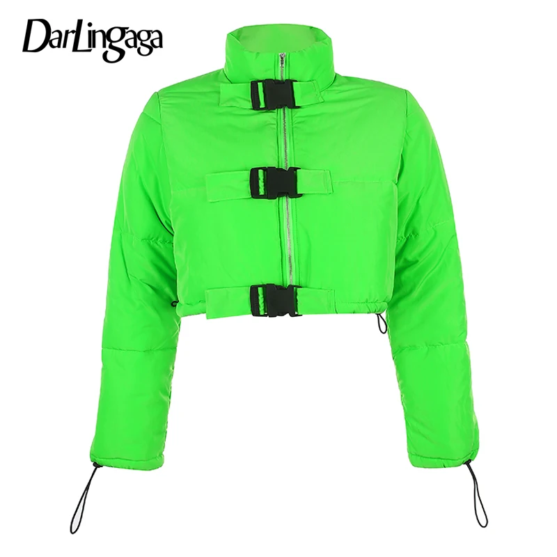 Green Darlingaga, уличная одежда, парка из искусственной кожи, водолазка, зимнее пальто, женский пуховик с пряжкой, на завязках, укороченные куртки, пальто, верхняя одежда - Цвет: Green