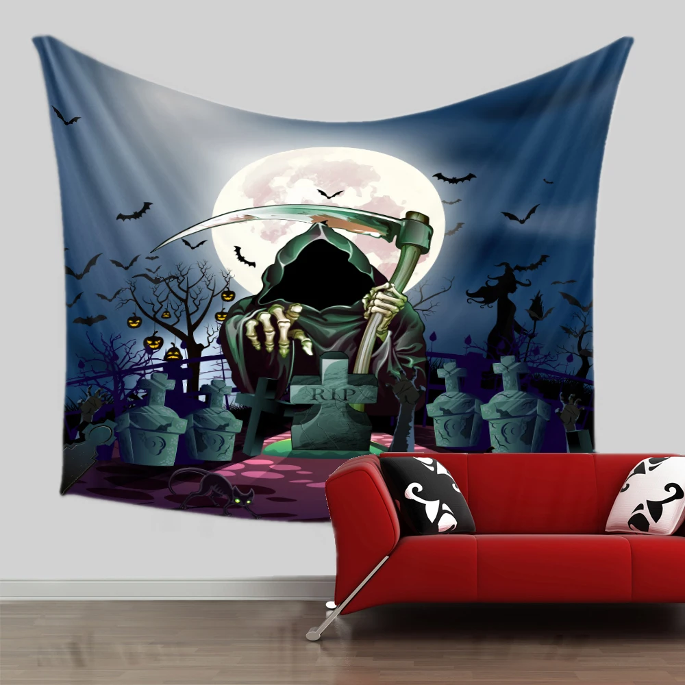 Tarot Tapestry Wall Hanging Halloween Black Printed Pumpkin Ghost Crow Hippie Hanging Tapestry Home Decor Yoga Beach Mat
