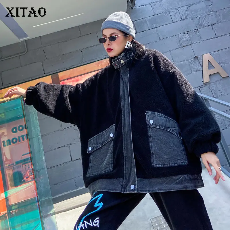 XITAO Fashion Plus Size Coats and Jackets Women Stand Collar Splice Large Denim Pocket Women Clothes Streetwear Top GCC3114