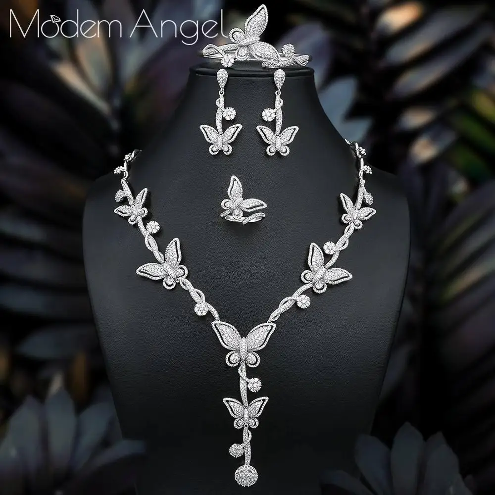 ModemAngel, роскошный дизайн в форме бабочки, ожерелье, браслет, серьги, кольцо, вечерние, подарок, кубический цирконий, медь, обручение