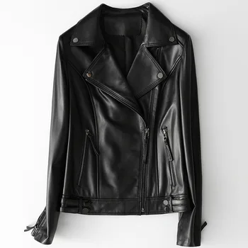 

Women Ladies Fashion 100% Sheepskin Jacket Turn Down Collar Geniune Leather Zipper Short Coats Cuero Genuino For Autumn M-3XL