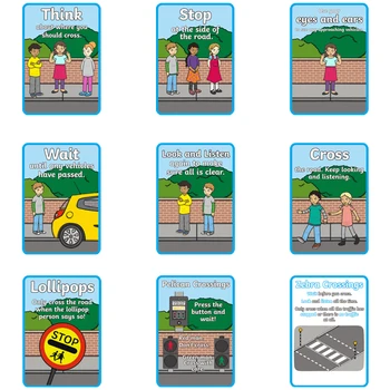

9 Pcs/ Set Safety Awareness Training How To Cross Road English Poster Classroom A4 Big Cards Kindergarten Early Education Card