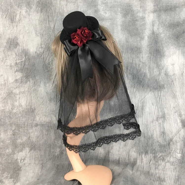 

Gothic Mini Hat Hairpins Headwear With Mesh Veil Flower Lace Bow Ribbon Fascinator Hat Costume Fancy Party Women Hat Headdress