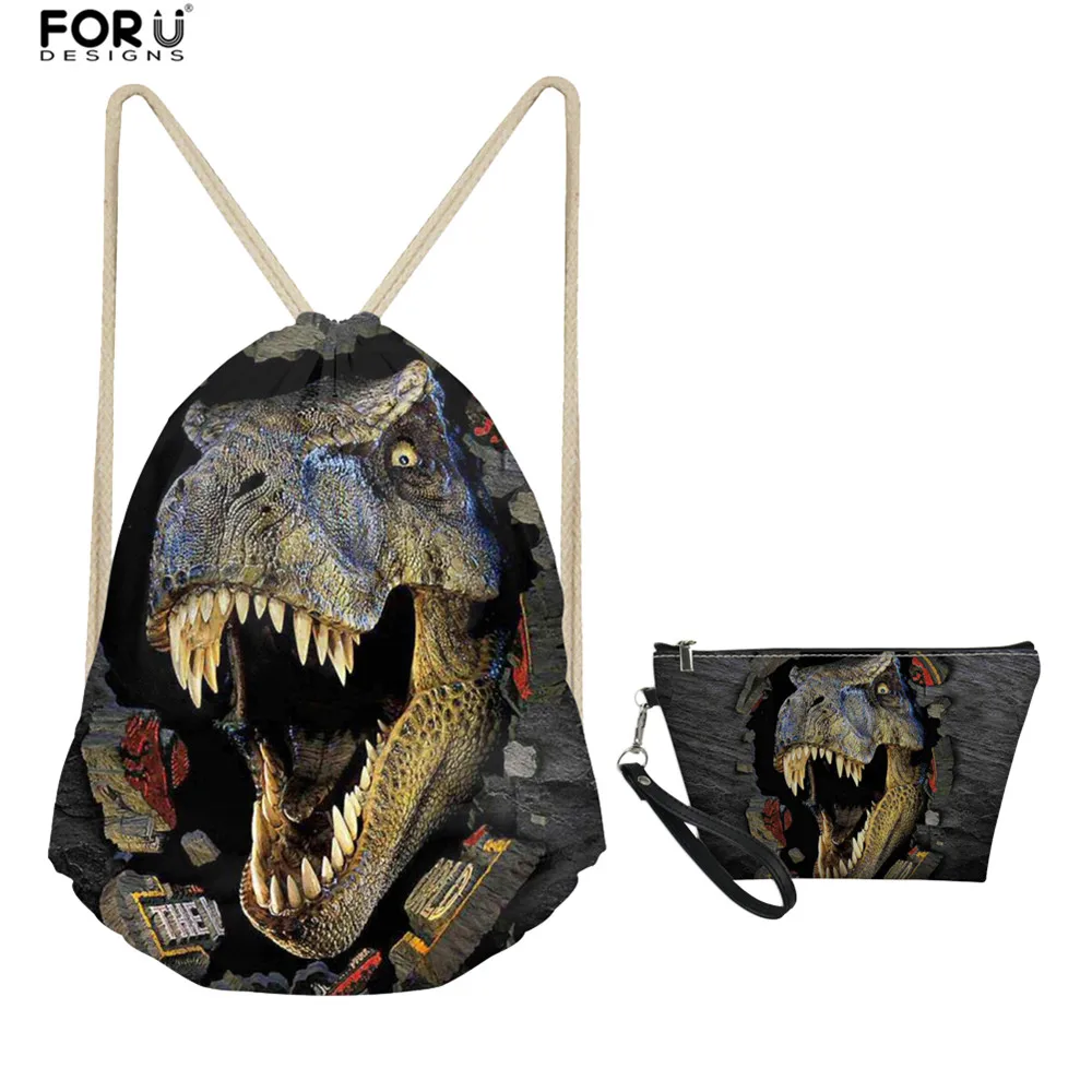 FORUDESIGNS Travel Sports Drawstring Bags Set with Cosmetic Makeup Purse Men 3D Cool Animal Dinosau