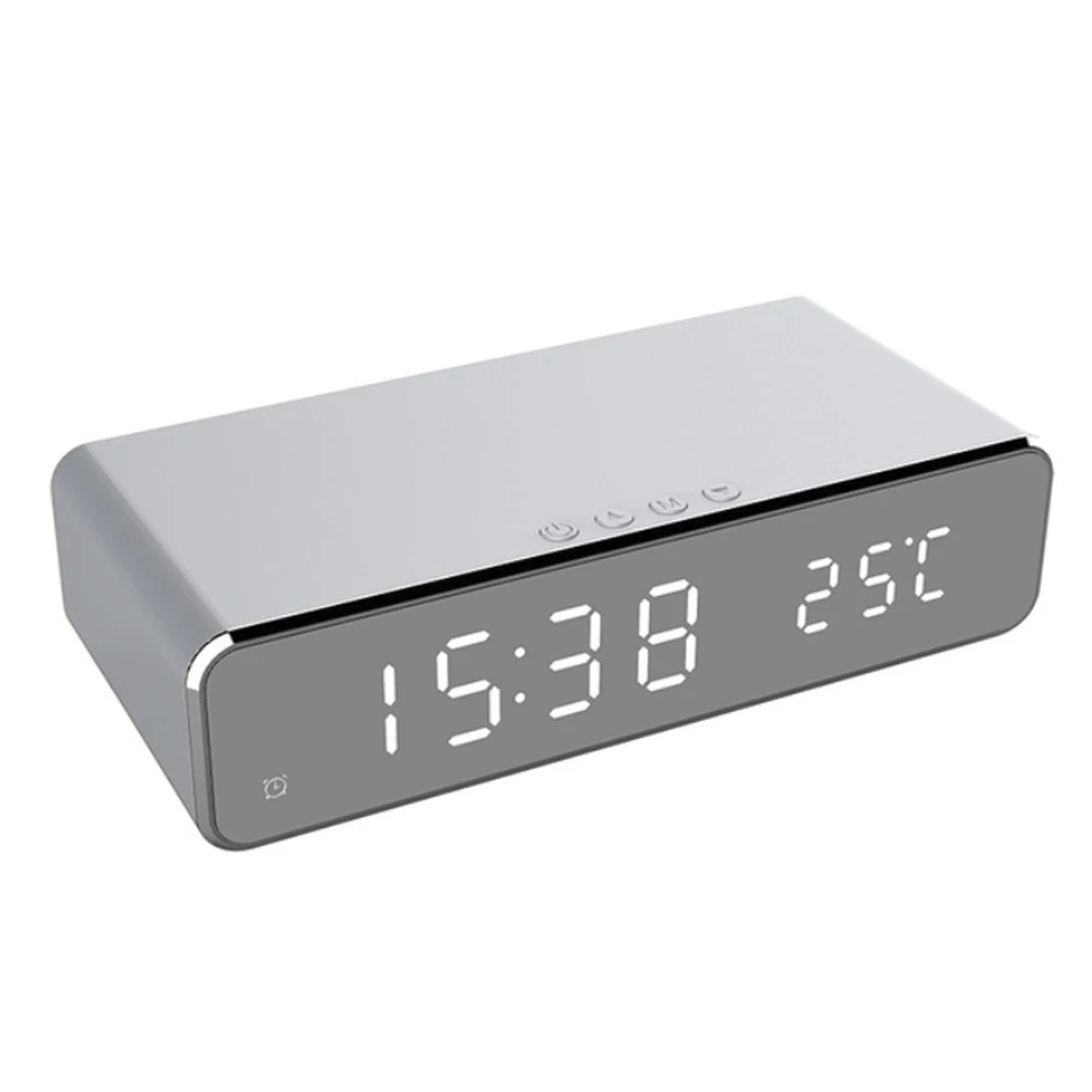 

USB Charging Alarm Clock Multi-Function Thermometer Portable Digital Alarm Clock with Time Memory Silver Practical Desktop