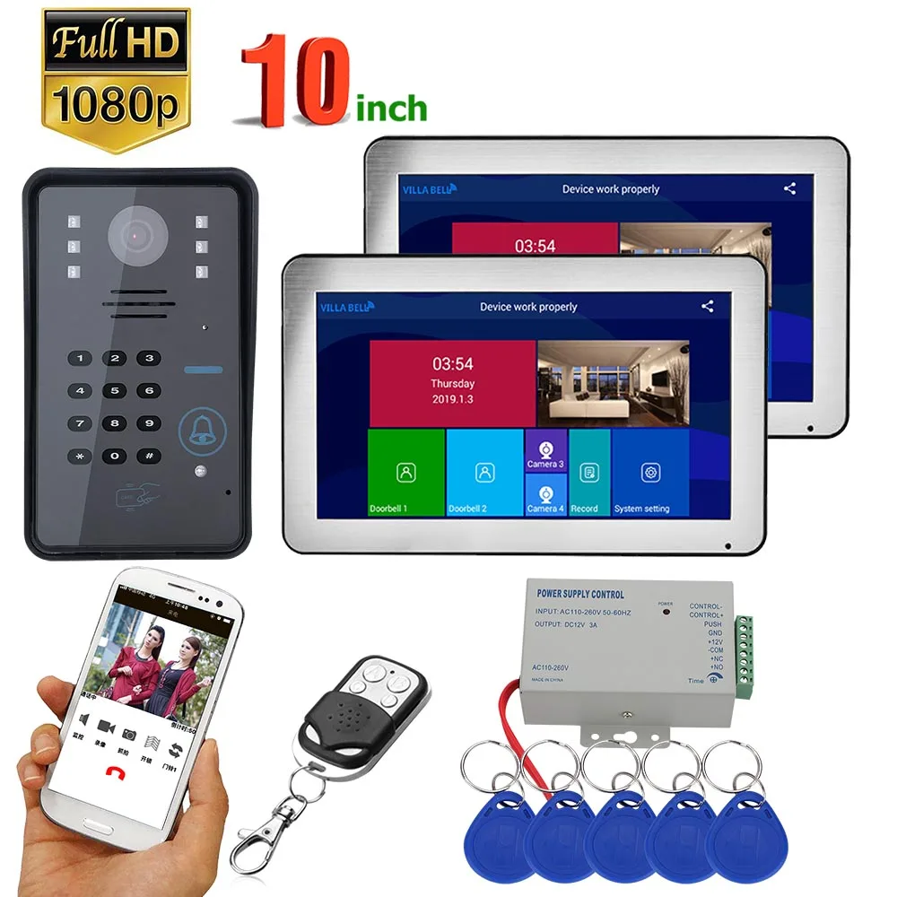 buy 10 inch 2 Monitors Wireless Wifi RFID Password Video Door Phone Doorbell Intercom Entry System with Wired IR CUT 1080P Wired Cam