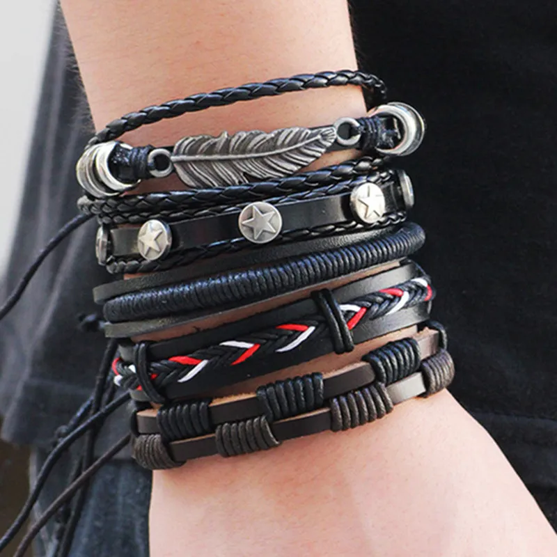 

Vintage Leather Bracelet Men Multilayer Braided Handmade Rope Wrap Bracelets Bangles Male Gift Luxury Jewelry Bangles viking