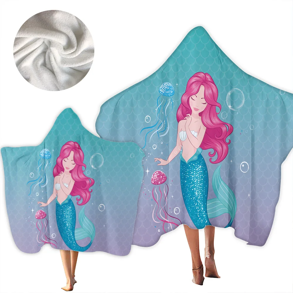 150*200cm Children's Adult Mermaid Water-absorbing Wind-proof Sun-proof Hooded Cloak Square Bath Towel Hood Wearable Beach Towel
