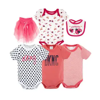 

Honeyzone Sweet Baby Girl Body 2020 Casual Cotton Short Sleeve Toddler Outfit Romper Suits 6Pcs Kids Baby's Skirt Bibs