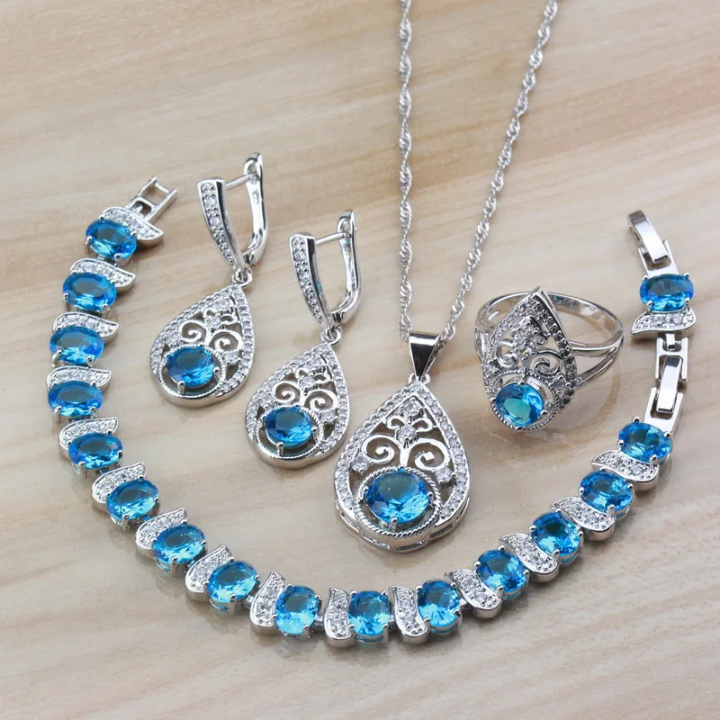 

Elegant Women 4PCS Jewelry Sets 925 Sterling Silver Water Drop Fashion Accessories Dangle Earrings/Bracelet And Ring Sets