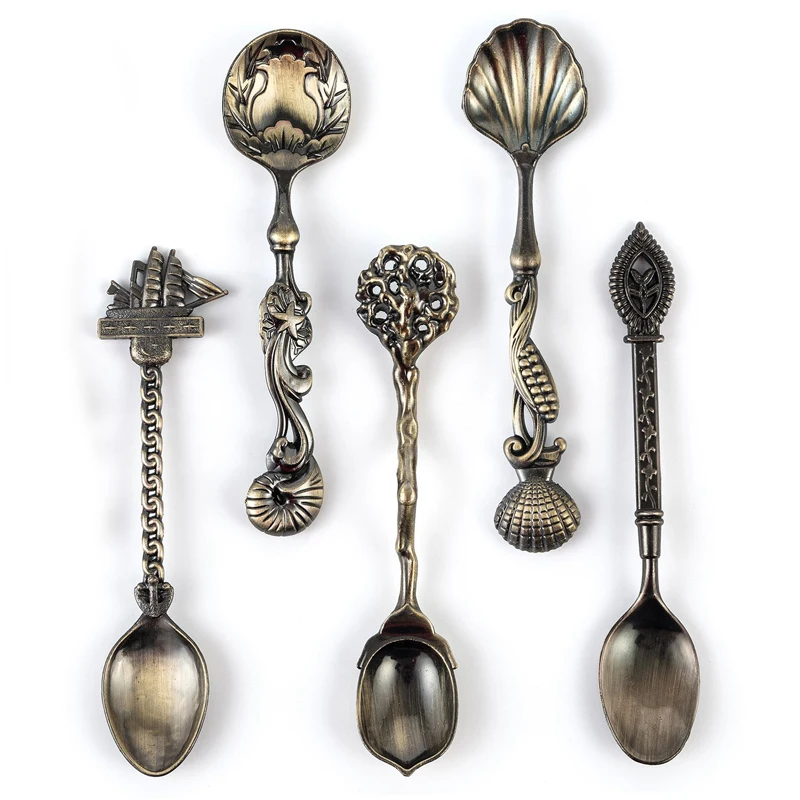 MR 5Pcs Vintage Royal Style Bronze Carved Small Coffee Spoon Kitchen Dining Bar Flatware Cutlery Mini Dessert Spoon For SnacK