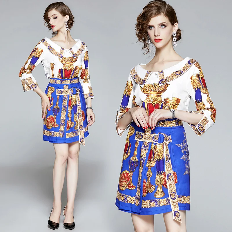 

2019 Spring Runway Designer Skirt Two Pieces Set Women's 3/4 Sleeve Retro Printed Blouses + Casual Mini Skirt Set With Belt